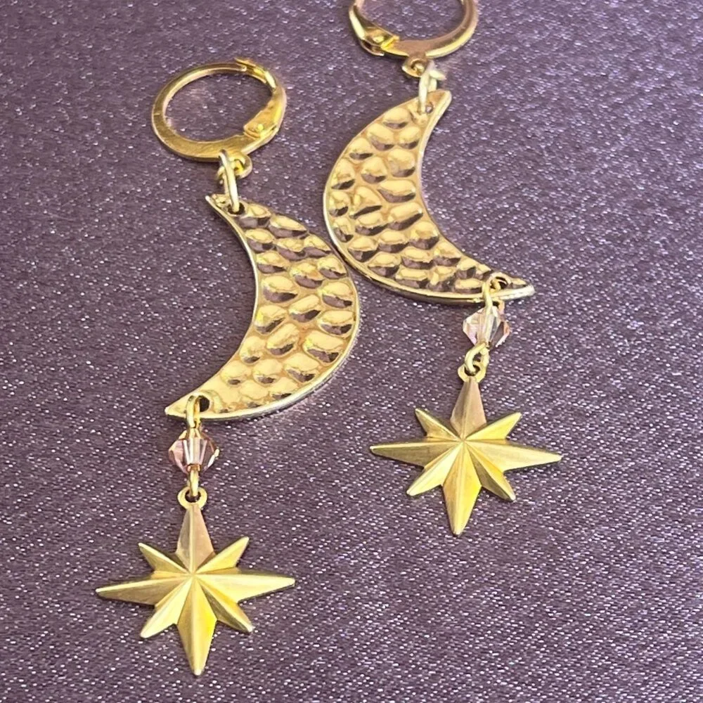 Gold Crescent Moon and Star Celestial Dangle Earrings with Swarovski Crystals - Picture 4 of 6